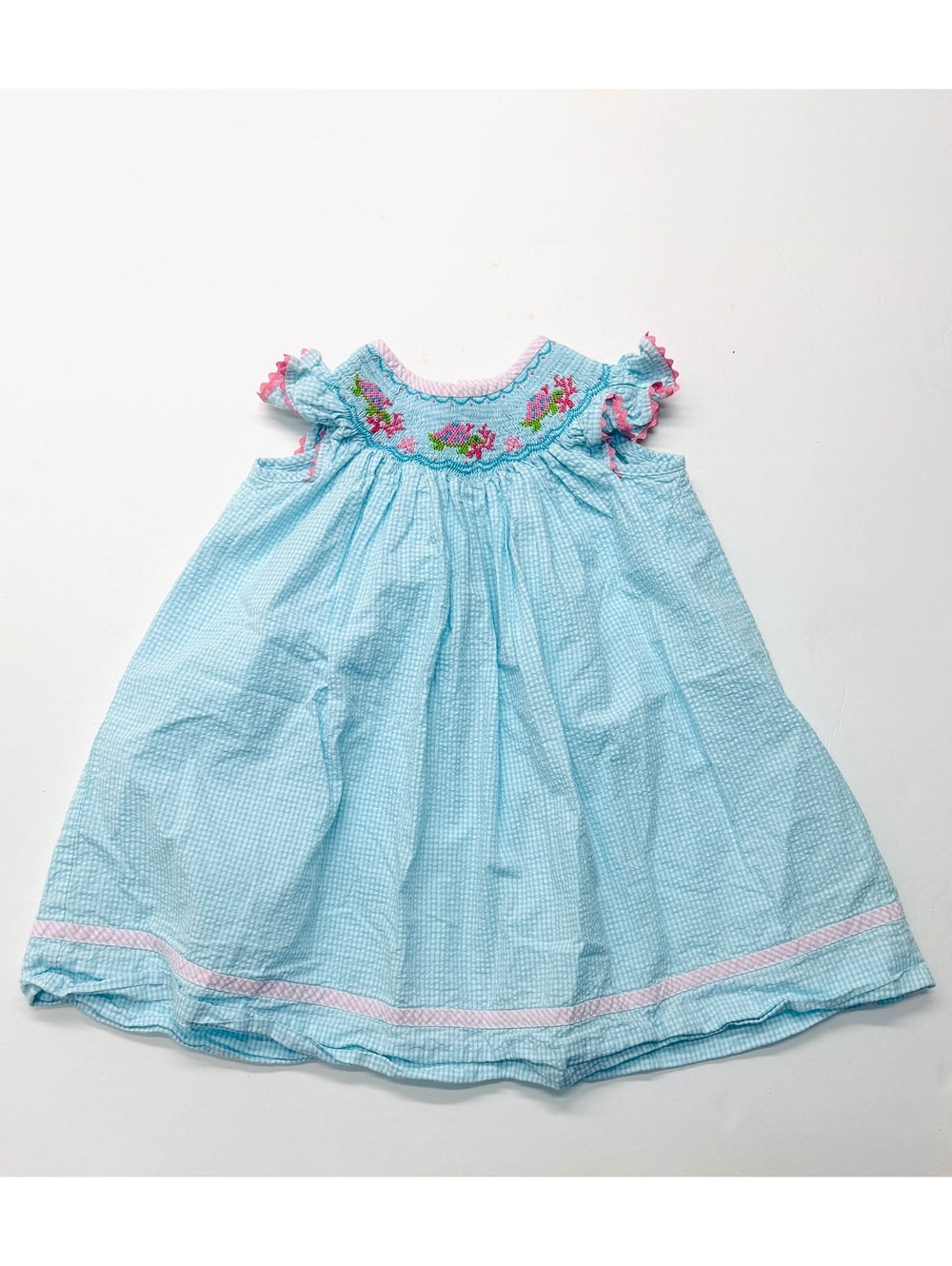 Shrimp & Grits Kids Blue Gingham Turtle Smocked Embroidered Cotton Dress 2T